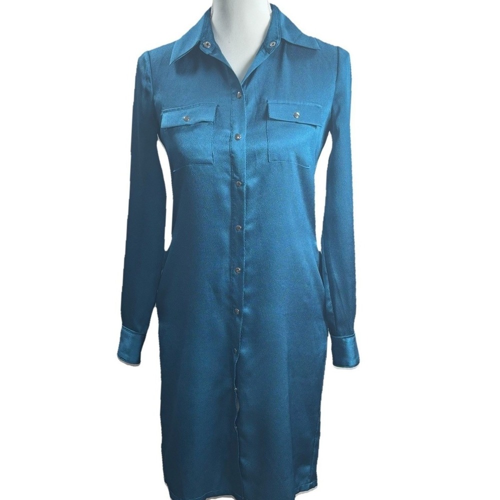 Whbm Midi Shirt Dress Textured Satin Buttons Teal Office City Chic Career Sz 0